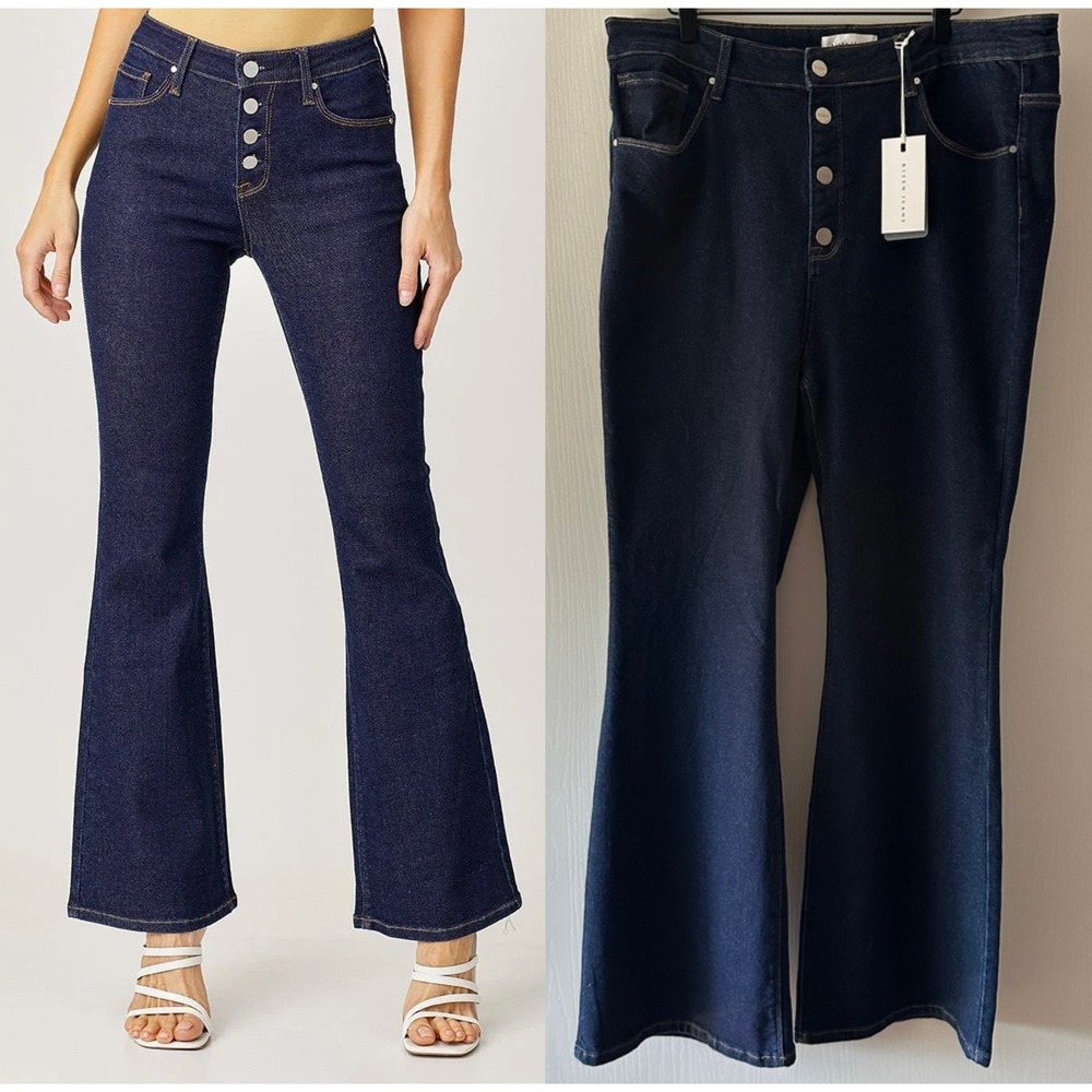 Risen Jeans High Rise Button Fly Flare Jeans Solid Dark Wash 3XL NWT